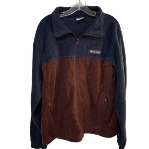 Columbia Full Zip Jacket Mens L Navy Brown Lightweight Stand Up Collar Pockets